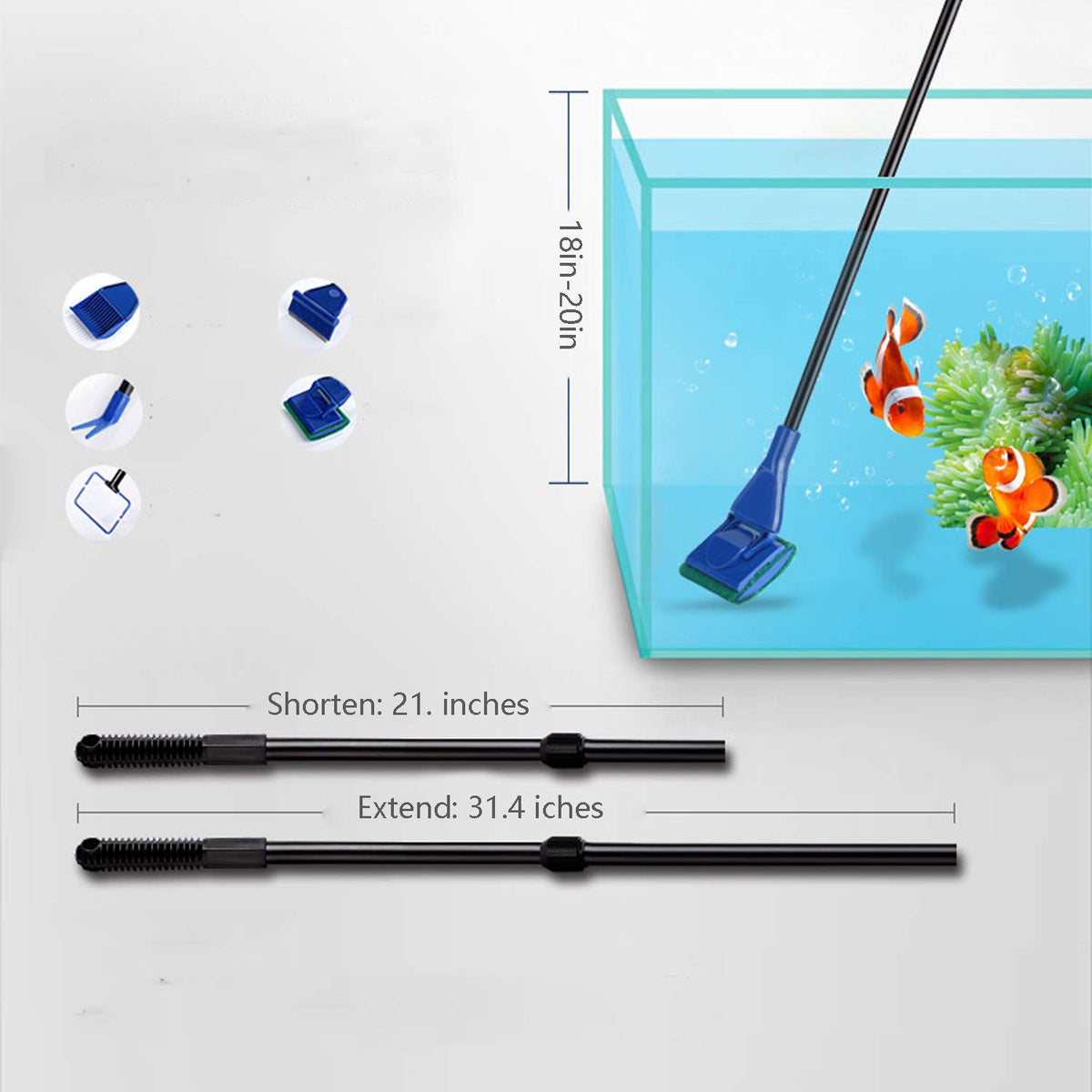 5 In 1 Aquarium Cleaning Tools Kit with Adjustable Length Rod W7167