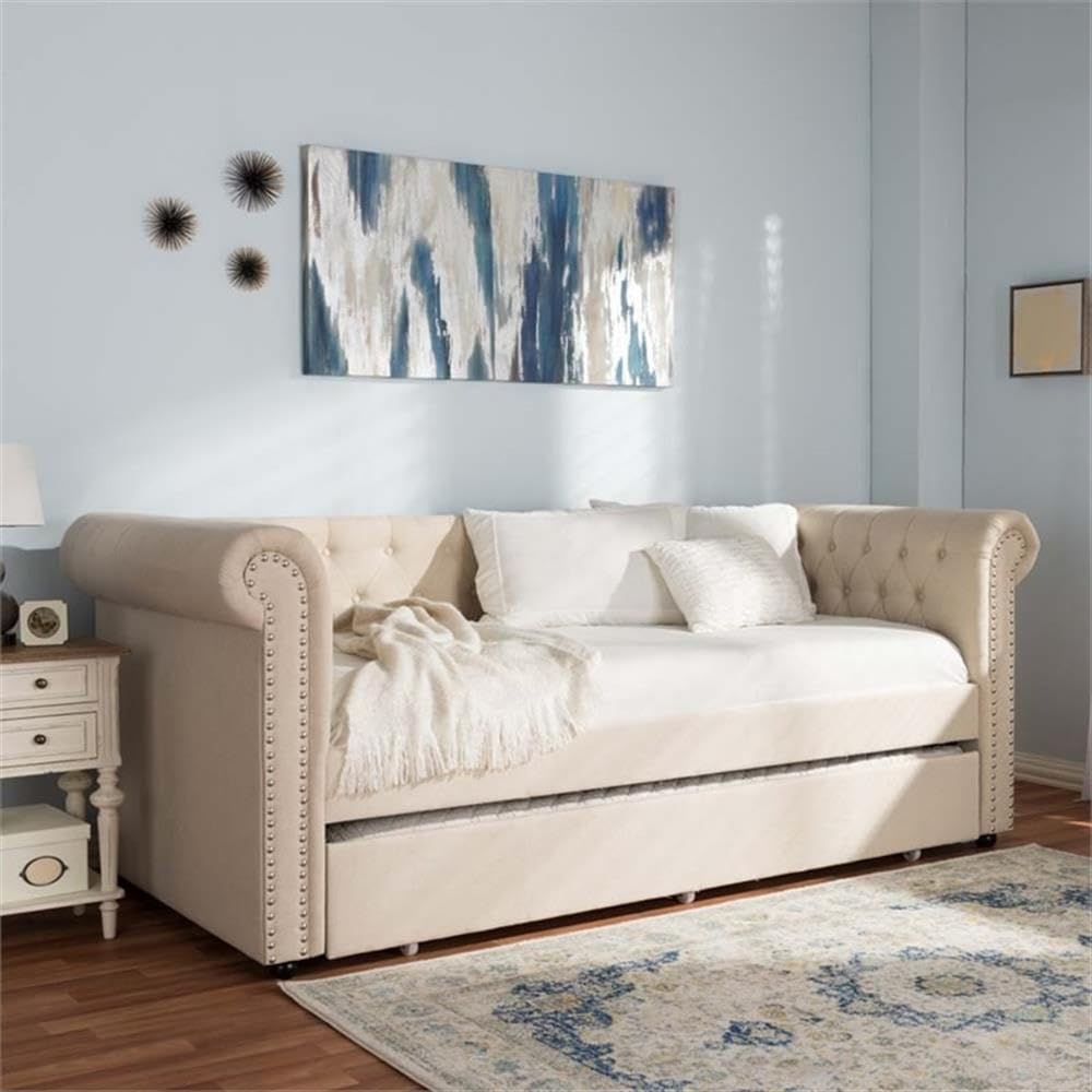 Light Beige Upholstered Twin Daybed with Trundle D722824