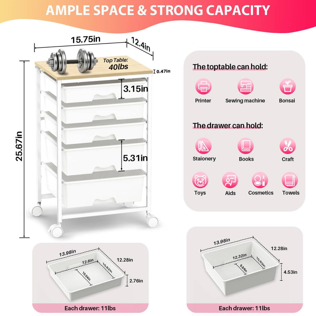 White Rolling Cart with 5 Drawers I166