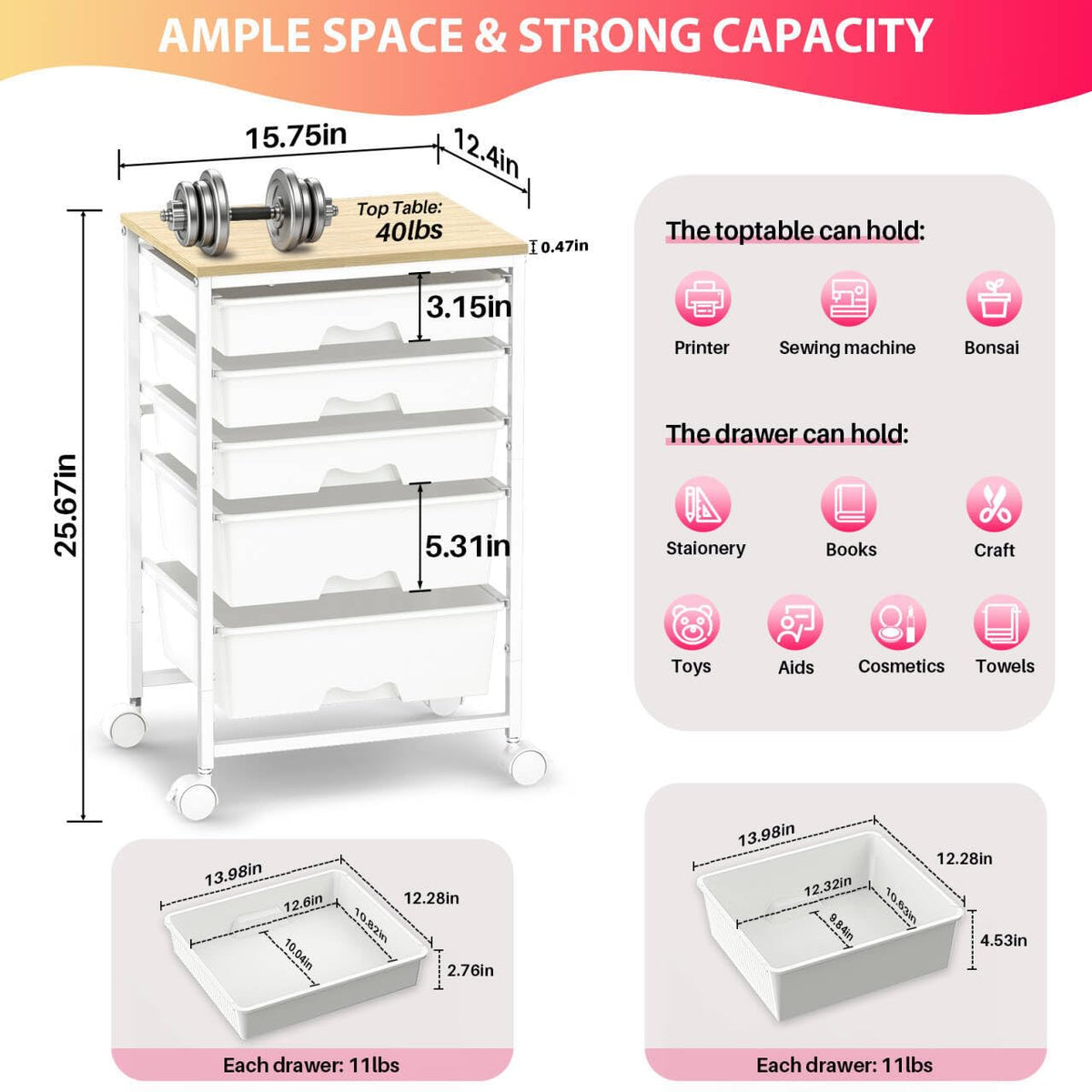 White Rolling Cart with 5 Drawers I166