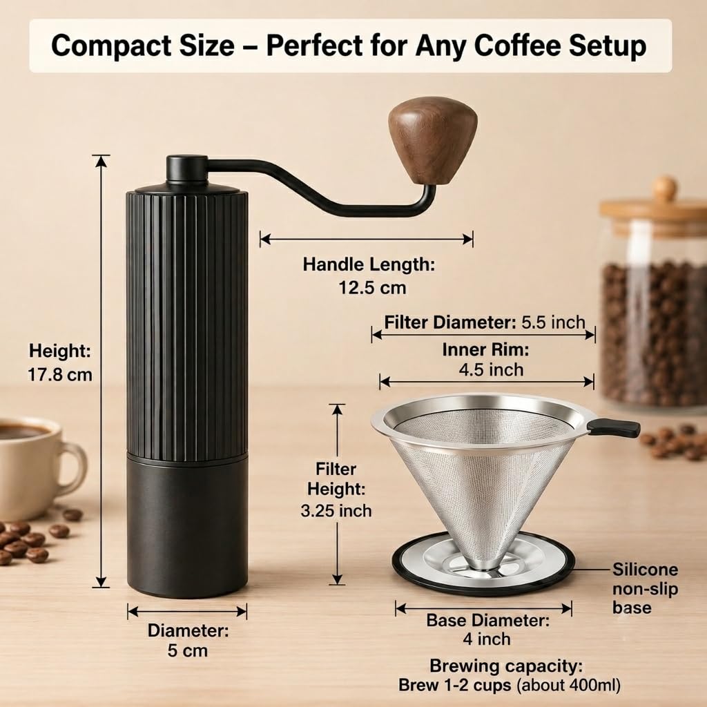 Manual Coffee Grinder with Strainer & Brush, Adjustable Stainless Steel Burr, 30g Hand Crank Coffee Mill, Aluminum Body & Walnut Handle X10700