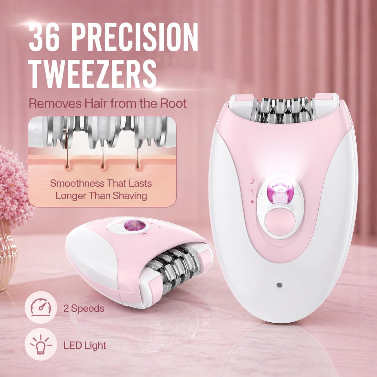 Electric Epilator with 36 Tweezers, 2 Speed Cordless USB W243257