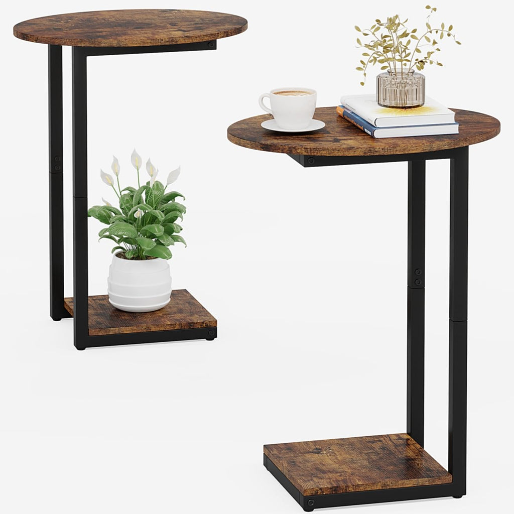 Small C-Shaped Wood Side Table Set of 2 with Metal Frame T162