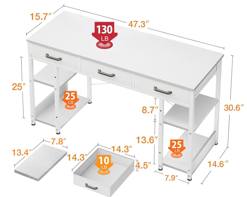 White 48" Computer Desk with Fabric Drawers and Storage Shelves O782640