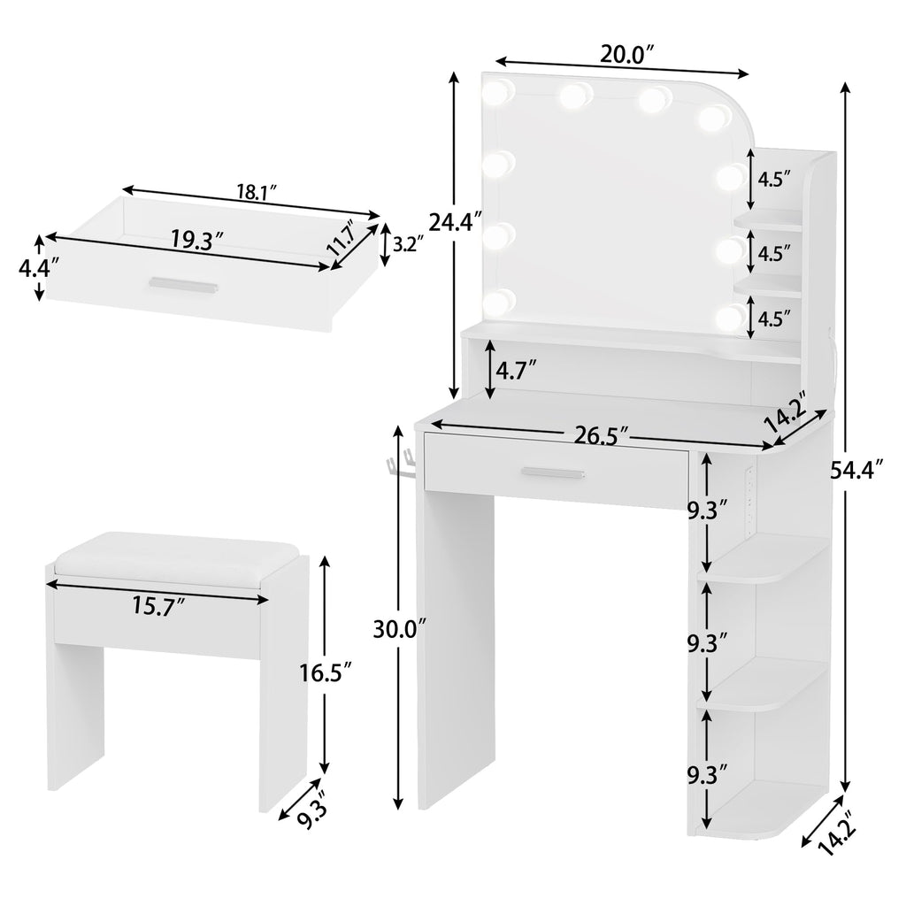 White Small Vanity Set with Chair, Mirror & Lights E5852