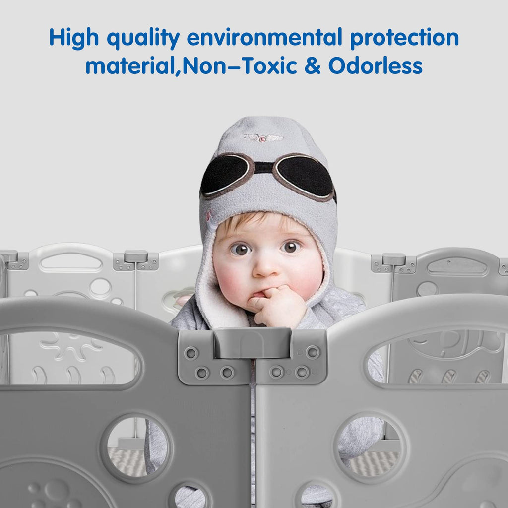 18 Panel Grey White Foldable Kids Playpen Safety Lock Gate S381