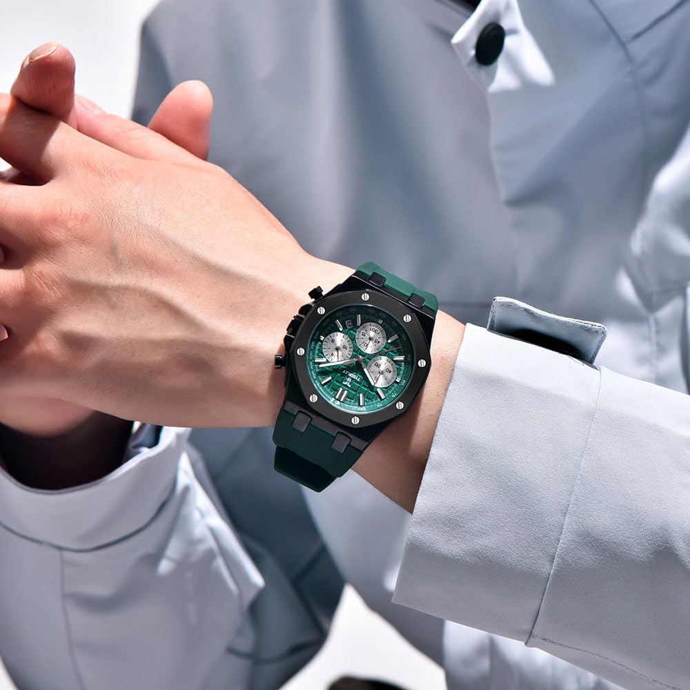 Men's Quartz Chronograph Watch 41MM Waterproof Rubber Strap Luminous U6429