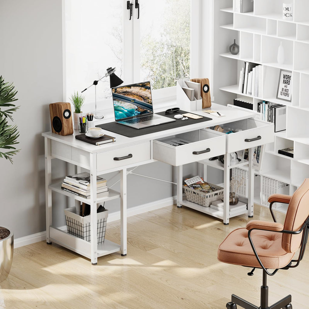 White 48" Computer Desk with Fabric Drawers and Storage Shelves O782640