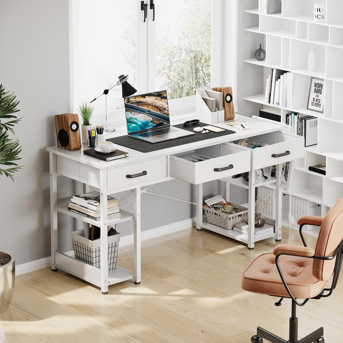 White 48" Computer Desk with Fabric Drawers and Storage Shelves O782640