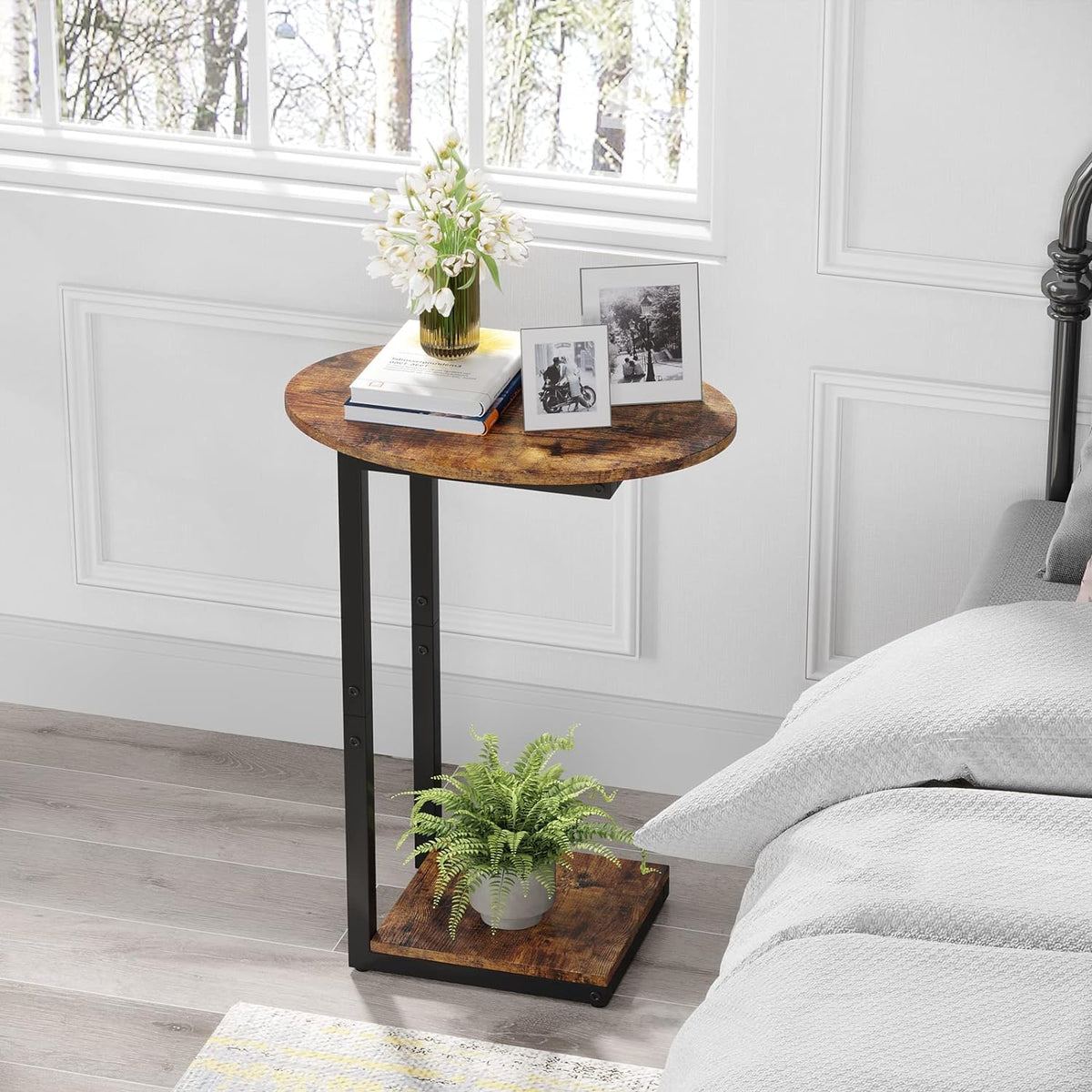 Small C-Shaped Wood Side Table Set of 2 with Metal Frame T162