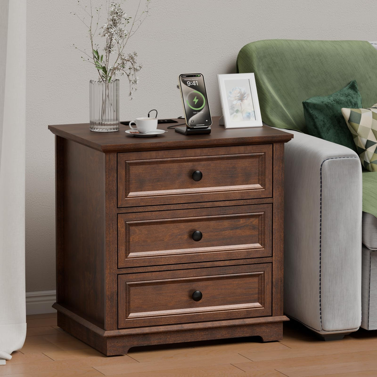 Cherry 3 Drawer Wood Nightstand with Charging Station R76120