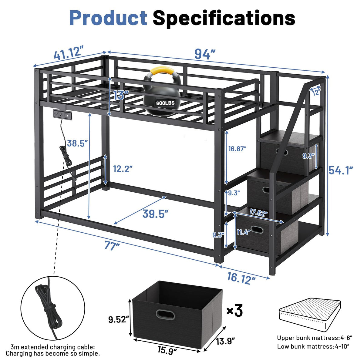 Twin Over Twin Metal Bunk Bed with Storage Stairs, Drawers & Shelves, Power Outlet and RGB LED Lights, Safety Guardrails & Metal Slats (Black) F330720