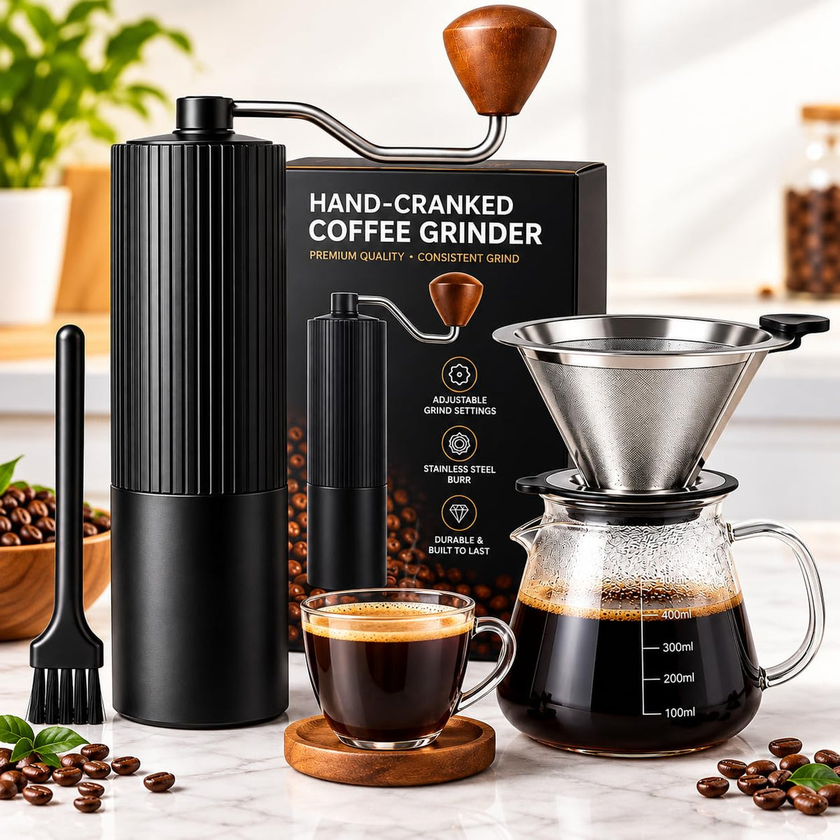 Manual Coffee Grinder with Strainer & Brush, Adjustable Stainless Steel Burr, 30g Hand Crank Coffee Mill, Aluminum Body & Walnut Handle X10700