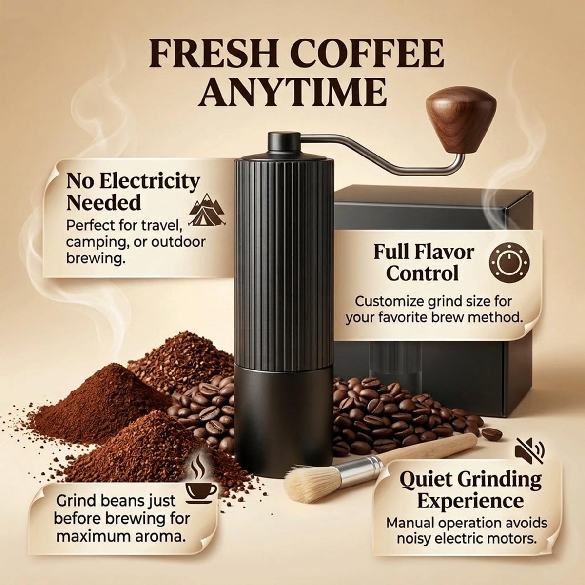 Manual Coffee Grinder with Strainer & Brush, Adjustable Stainless Steel Burr, 30g Hand Crank Coffee Mill, Aluminum Body & Walnut Handle X10700
