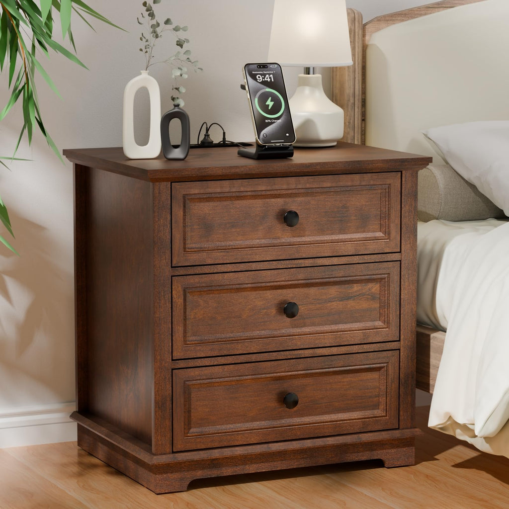 Cherry 3 Drawer Wood Nightstand with Charging Station R76120