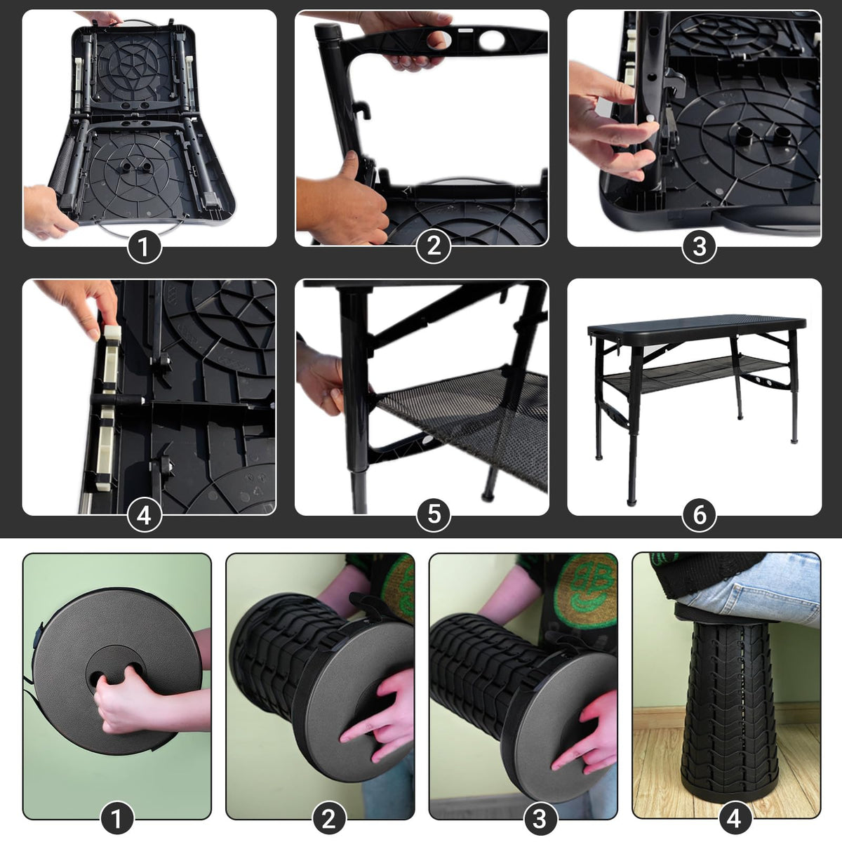 Black 4 Foot Folding Table and Stool A340892