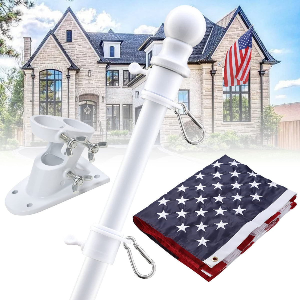 5ft White Tangle Free Flag Pole with 3x5 Embroidered US Flag U334