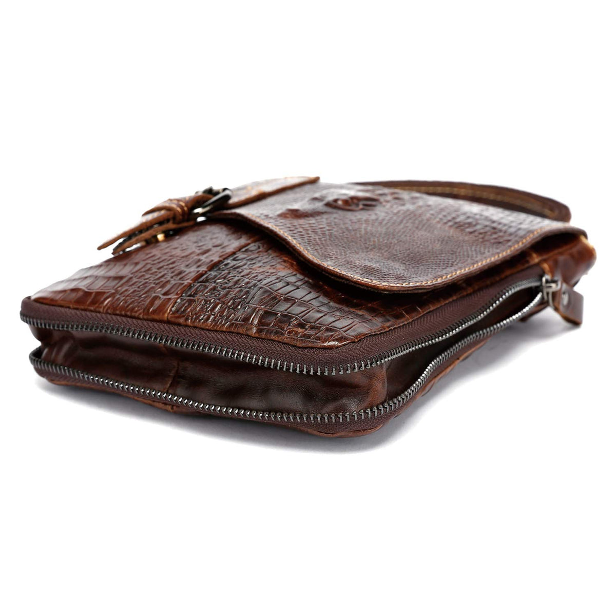 Brown Crocodile Embossed Genuine Leather Mini Messenger Bag Q6171
