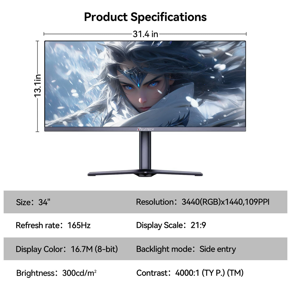 34 Inch Curved Ultrawide Gaming Monitor 21:9 WQHD 165Hz Q74896