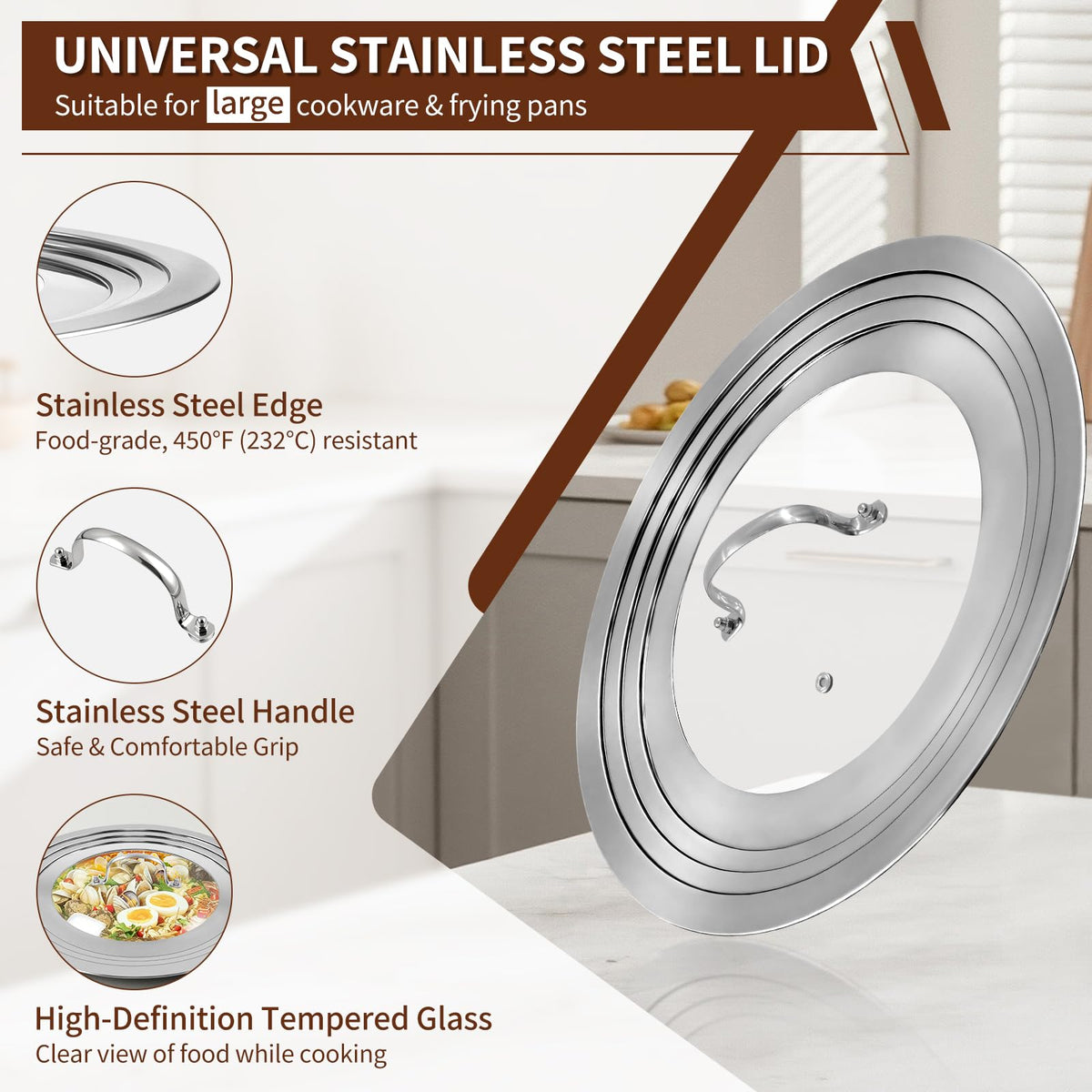15 Inch Universal Lid for Pots Pans and Skillets, Stainless Steel Tempered Glass Z584
