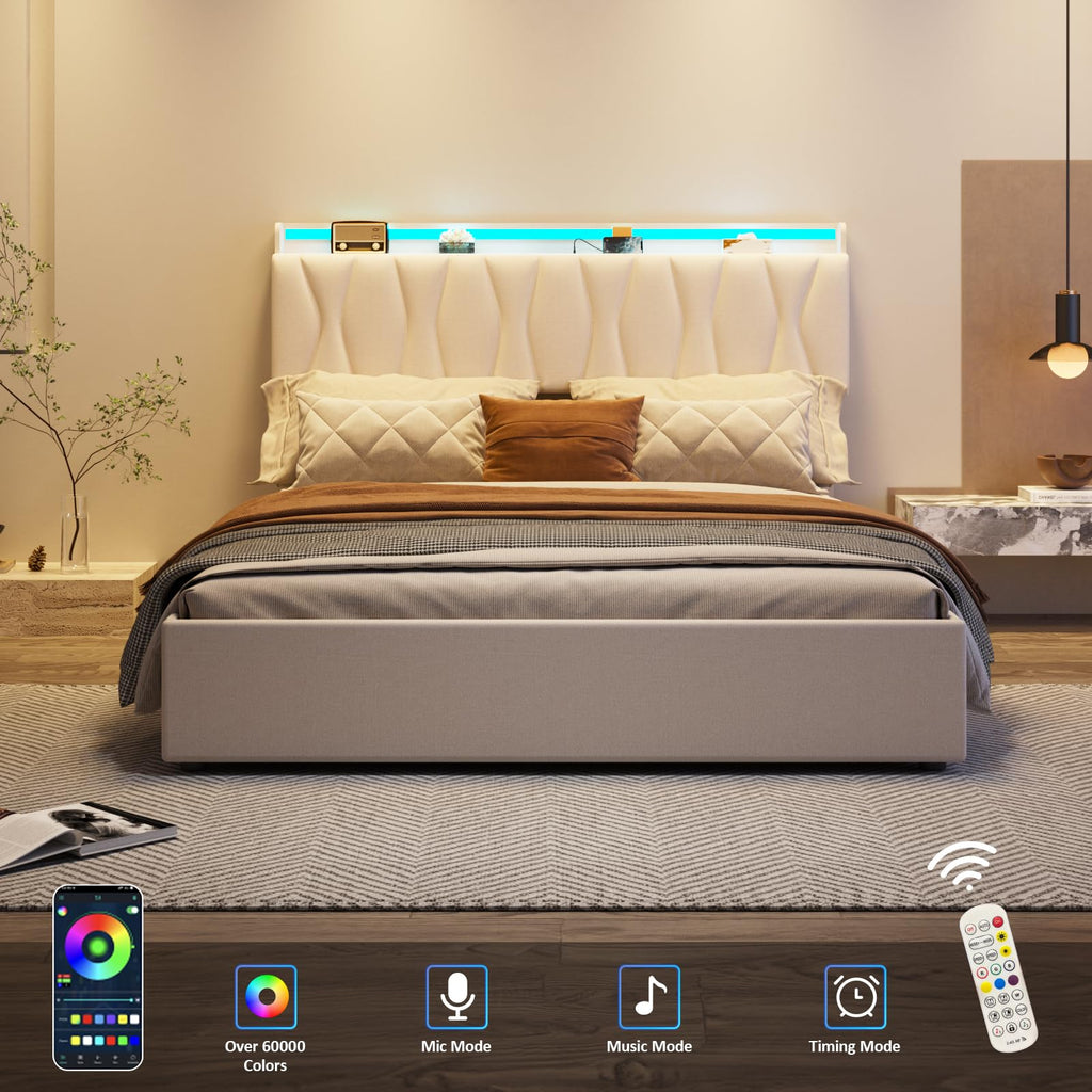 Beige Full Size Lift Up Storage Bed Frame with Charging Station V507283