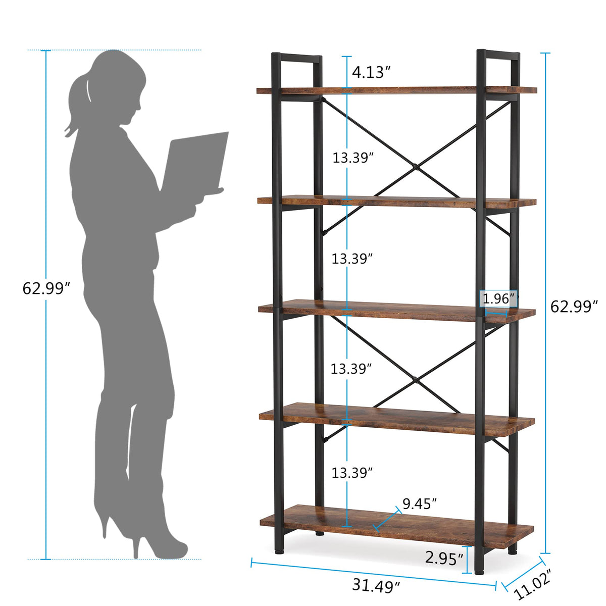 5 Tier Industrial Bookshelf with Metal Frame R5187