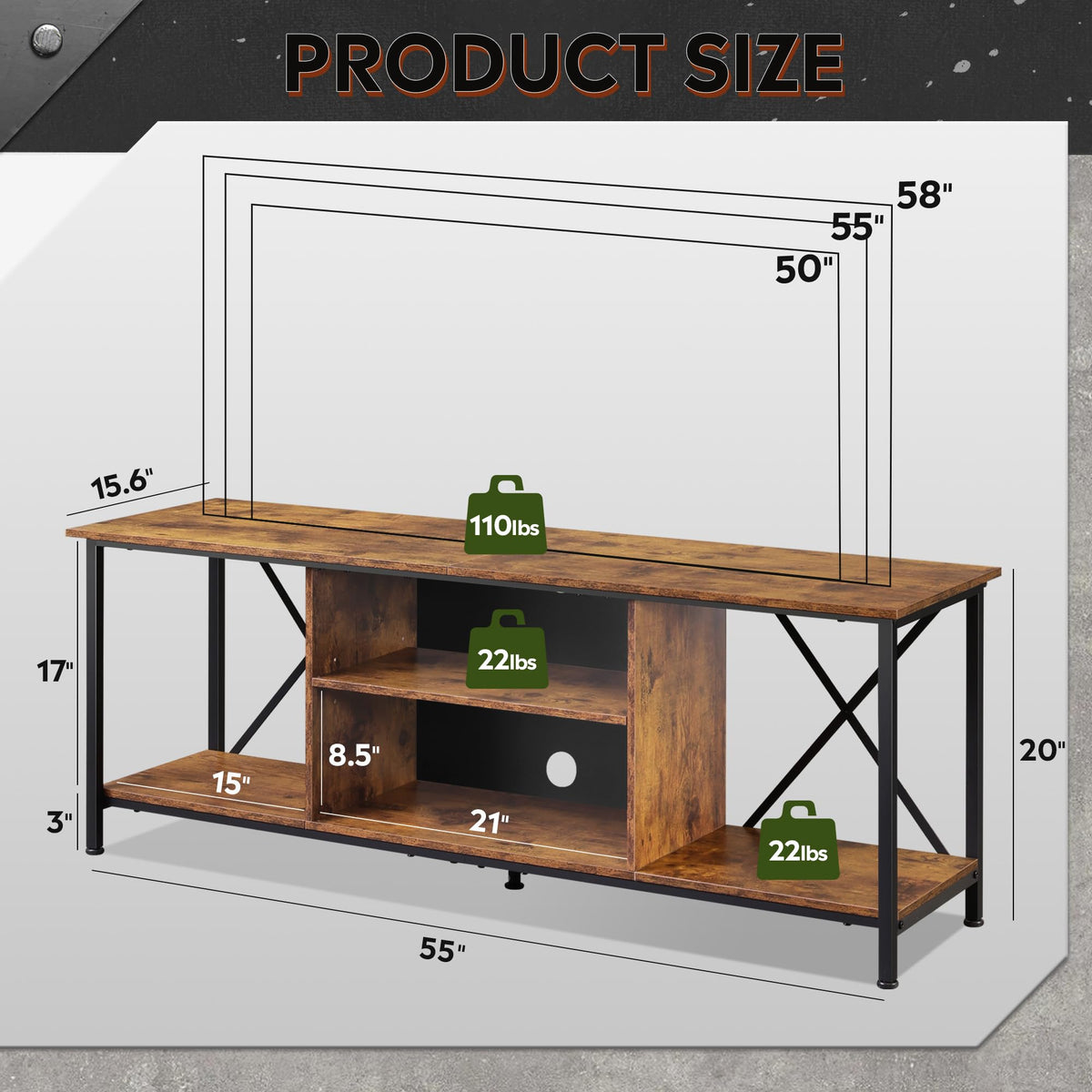 Industrial TV Stand for Up to 65 inch TV with Adjustable Shelves P8229