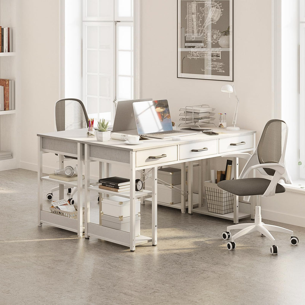 White 48" Computer Desk with Fabric Drawers and Storage Shelves O782640