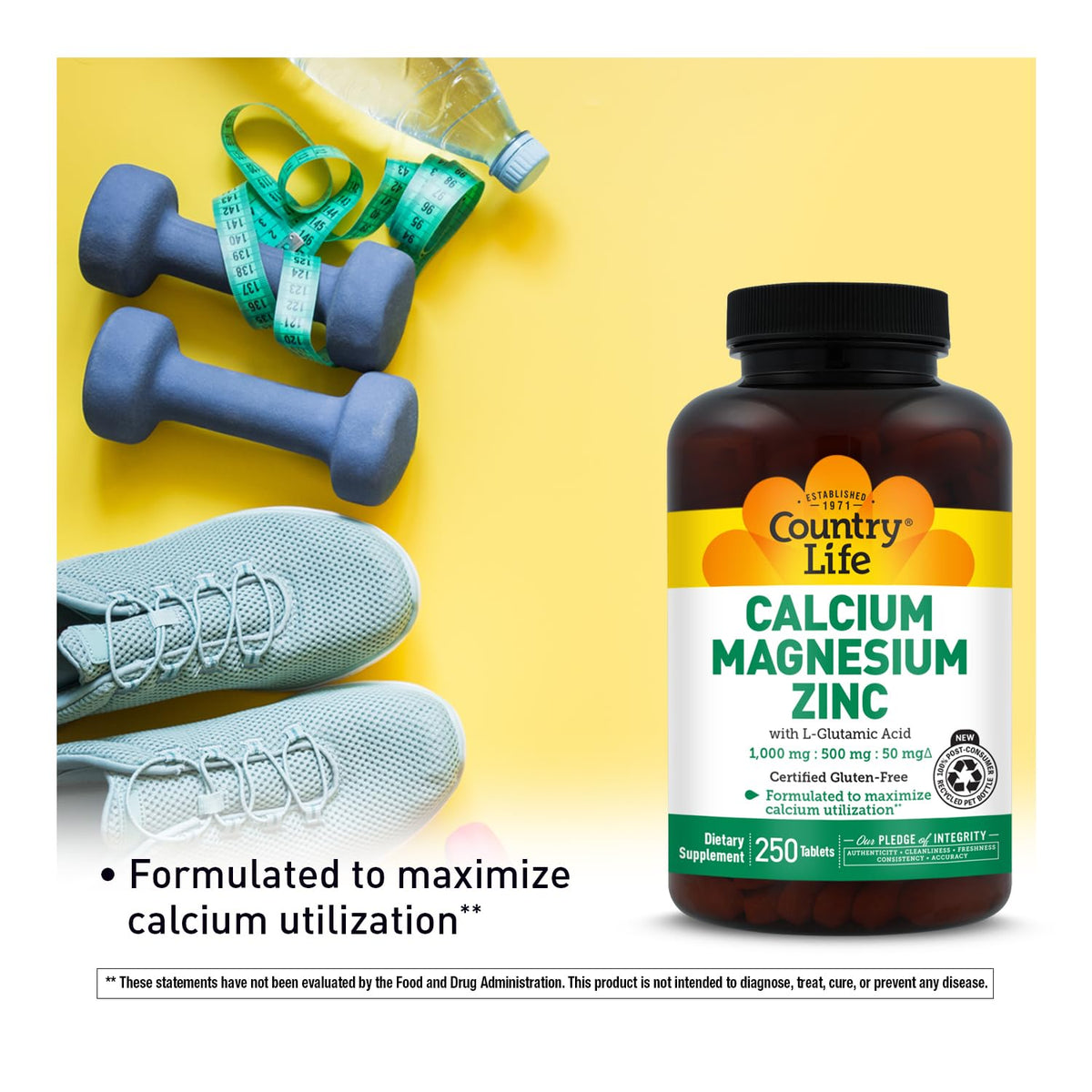 Calcium Magnesium Zinc with L-Glutamic Acid, 250 Tablets W3454