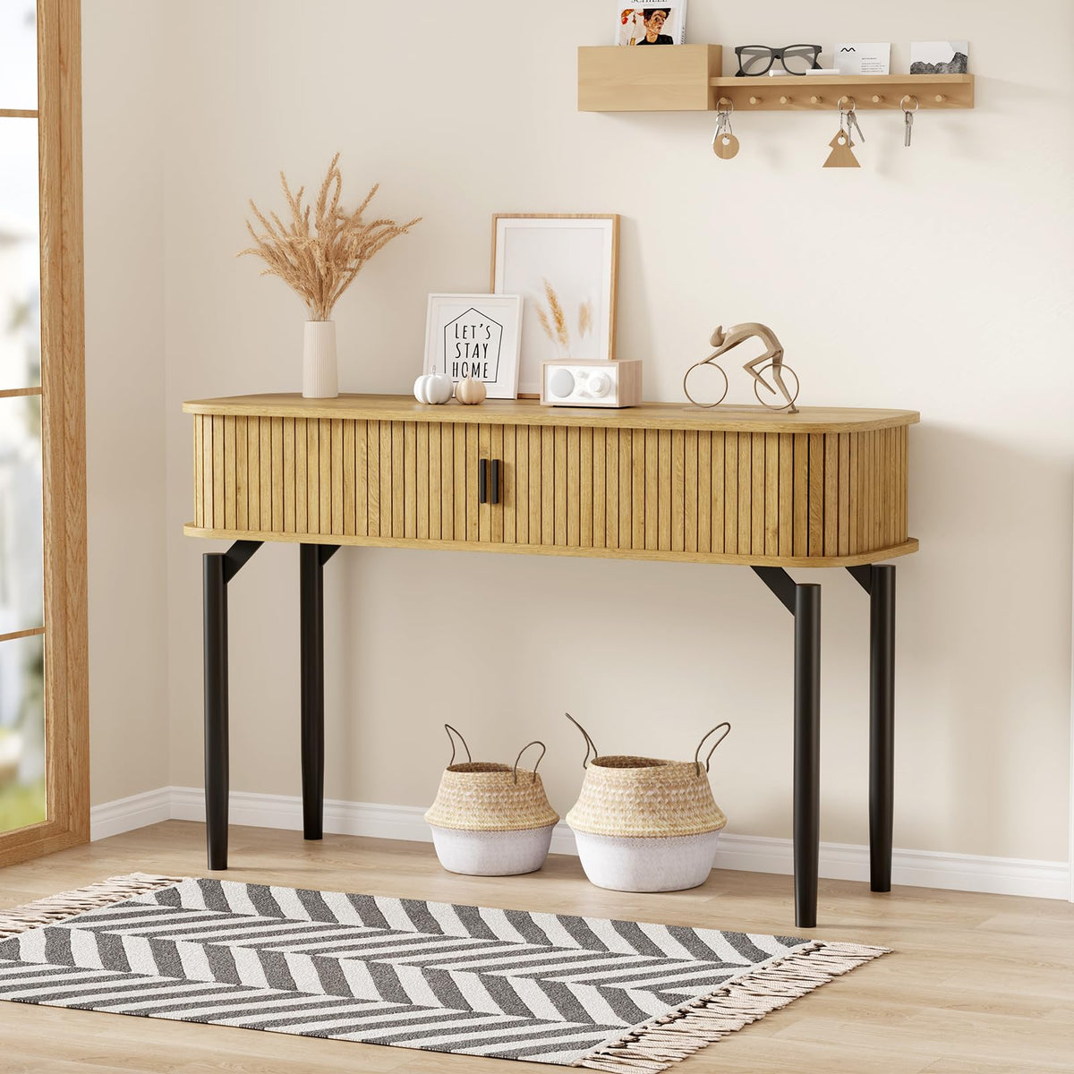 47" Fluted Narrow Console Table with 2 Drawers & Sliding Door Y398774