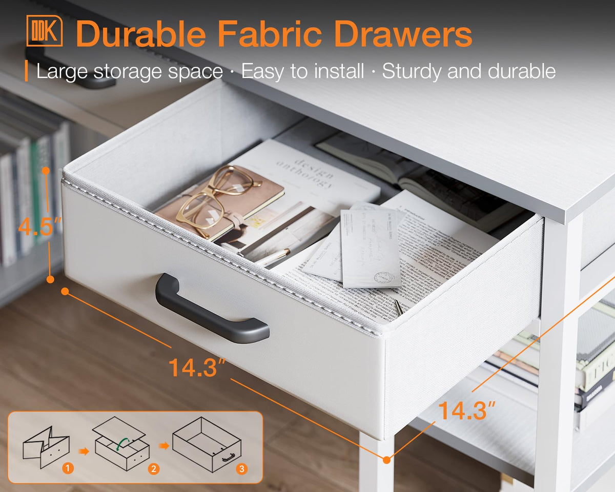 White 48" Computer Desk with Fabric Drawers and Storage Shelves O782640