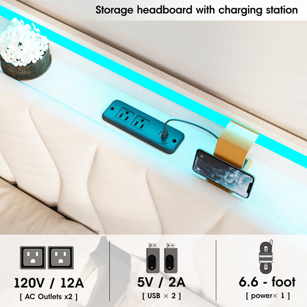 Beige Full Size Lift Up Storage Bed Frame with Charging Station V507283