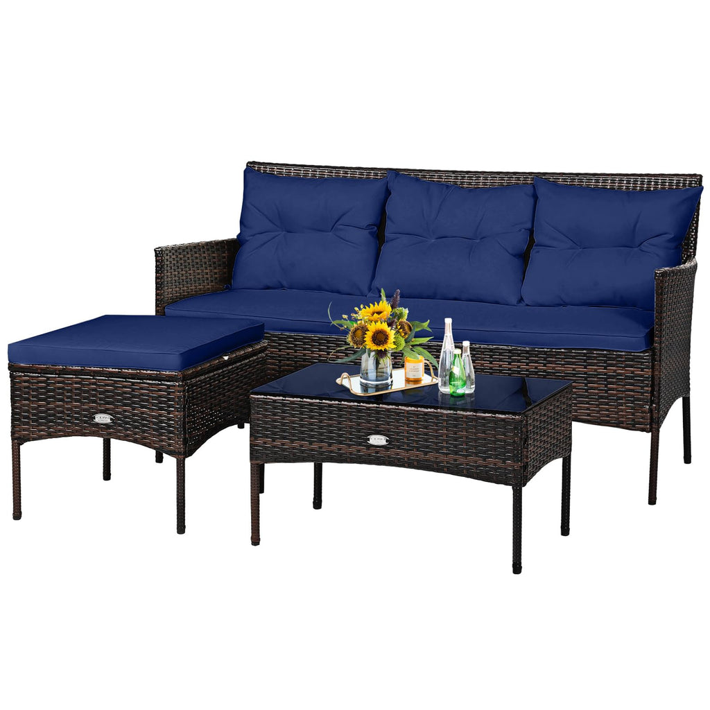 3 Pieces PE Rattan Wicker Patio Conversation Set with Cushions O699042