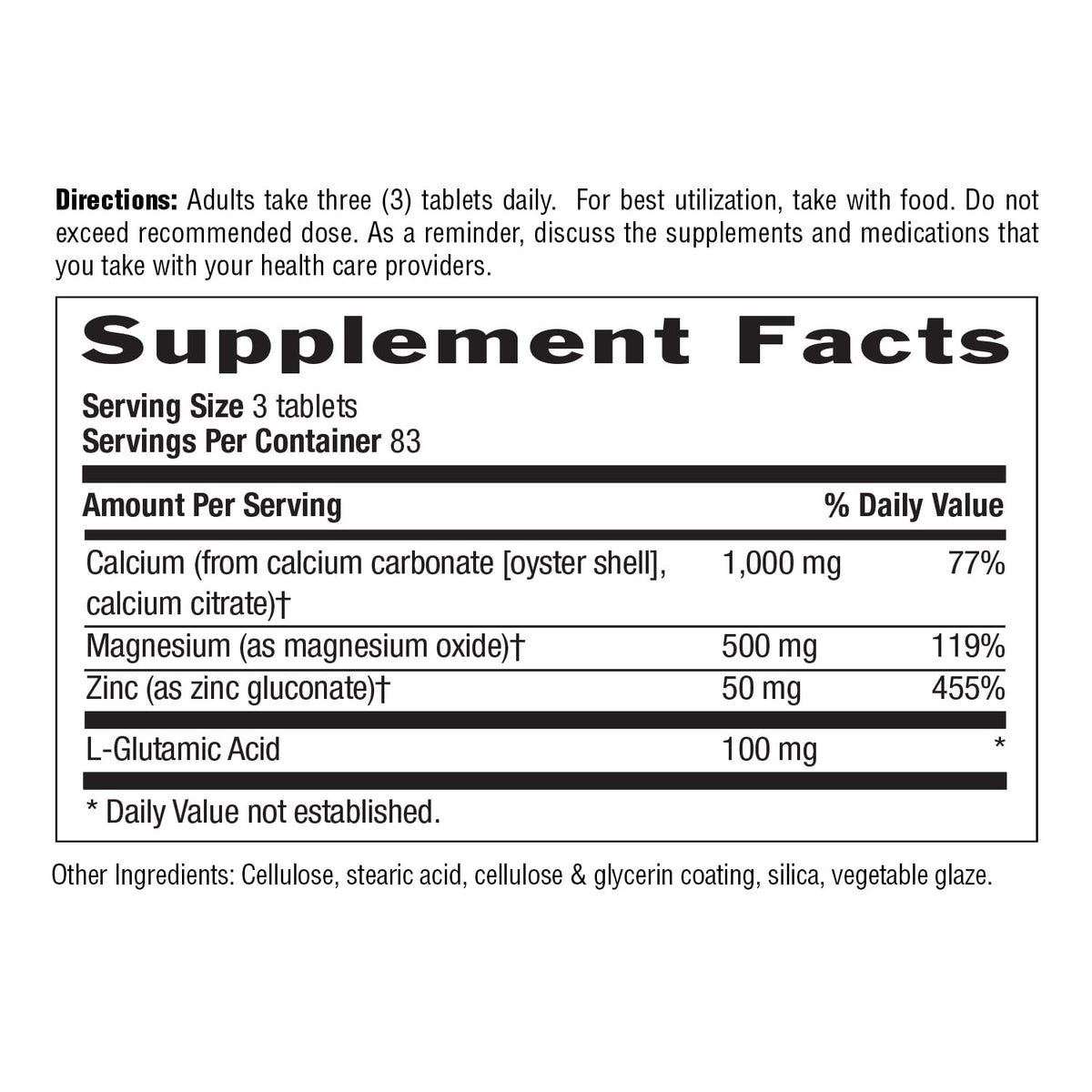 Calcium Magnesium Zinc with L-Glutamic Acid, 250 Tablets W3454