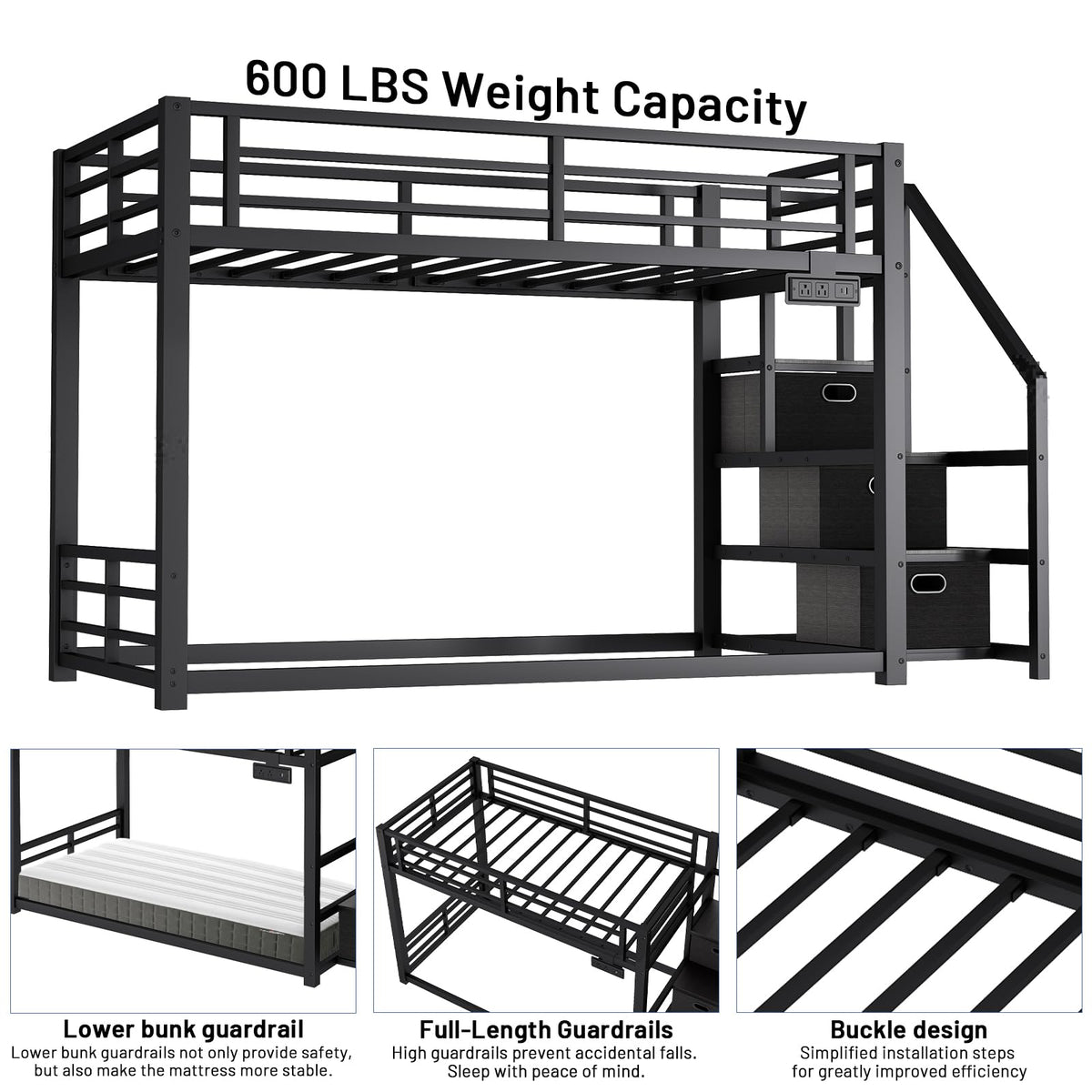 Twin Over Twin Metal Bunk Bed with Storage Stairs, Drawers & Shelves, Power Outlet and RGB LED Lights, Safety Guardrails & Metal Slats (Black) F330720