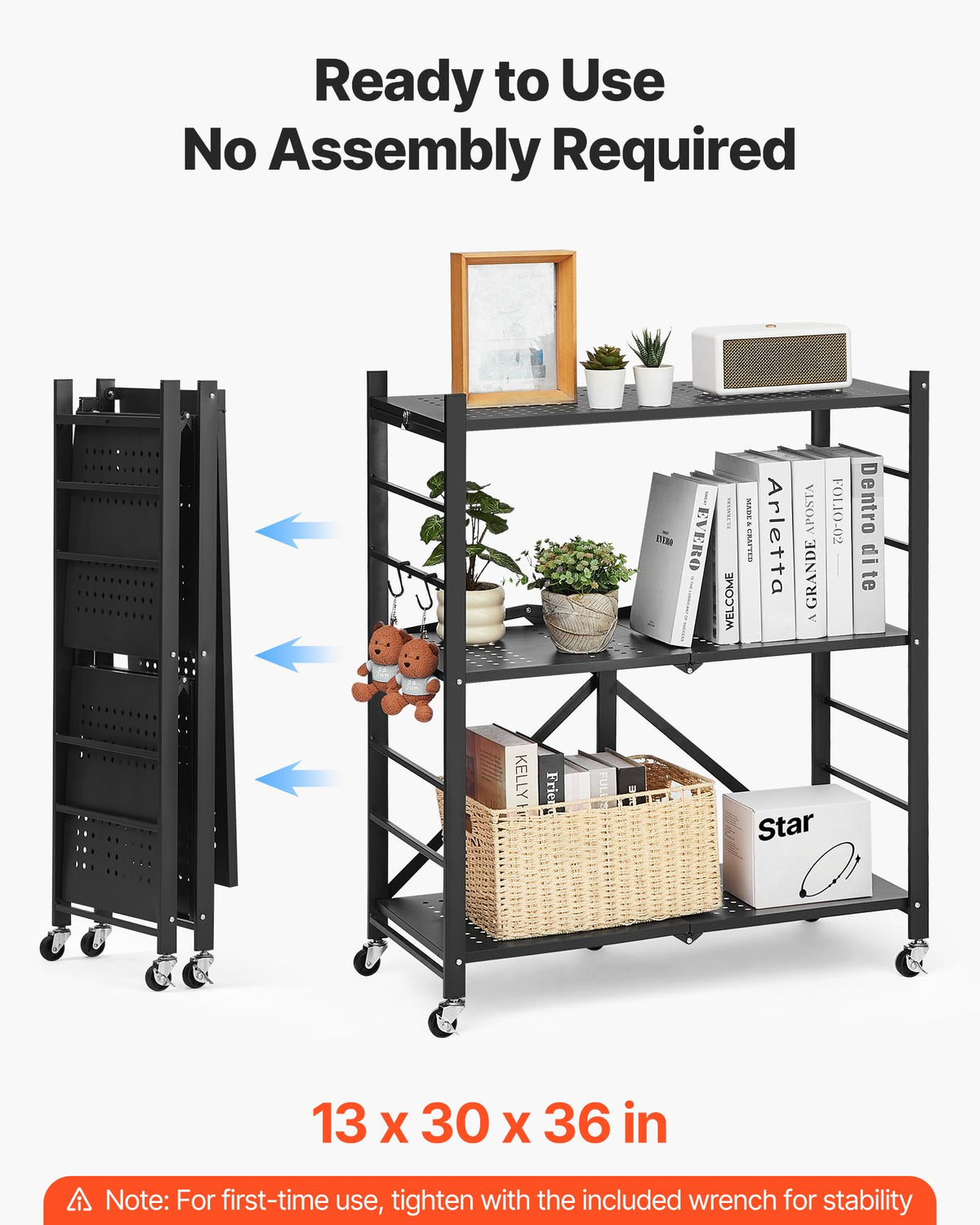 3-Tier Foldable Metal Storage Shelf with Wheels and Hooks, Black G580