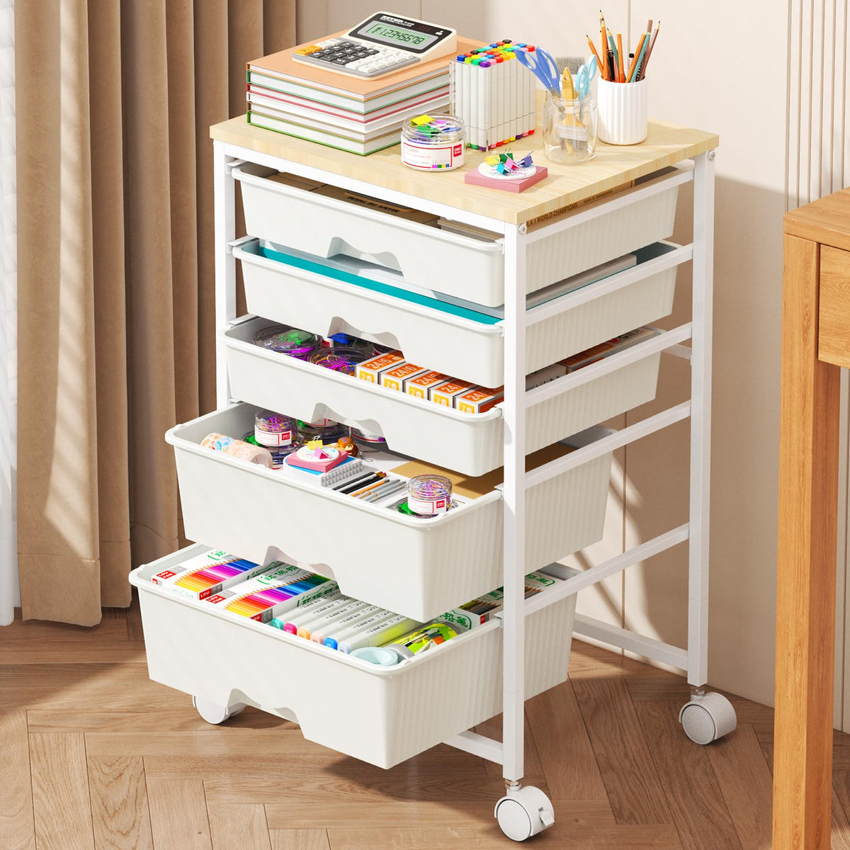 White Rolling Cart with 5 Drawers I166