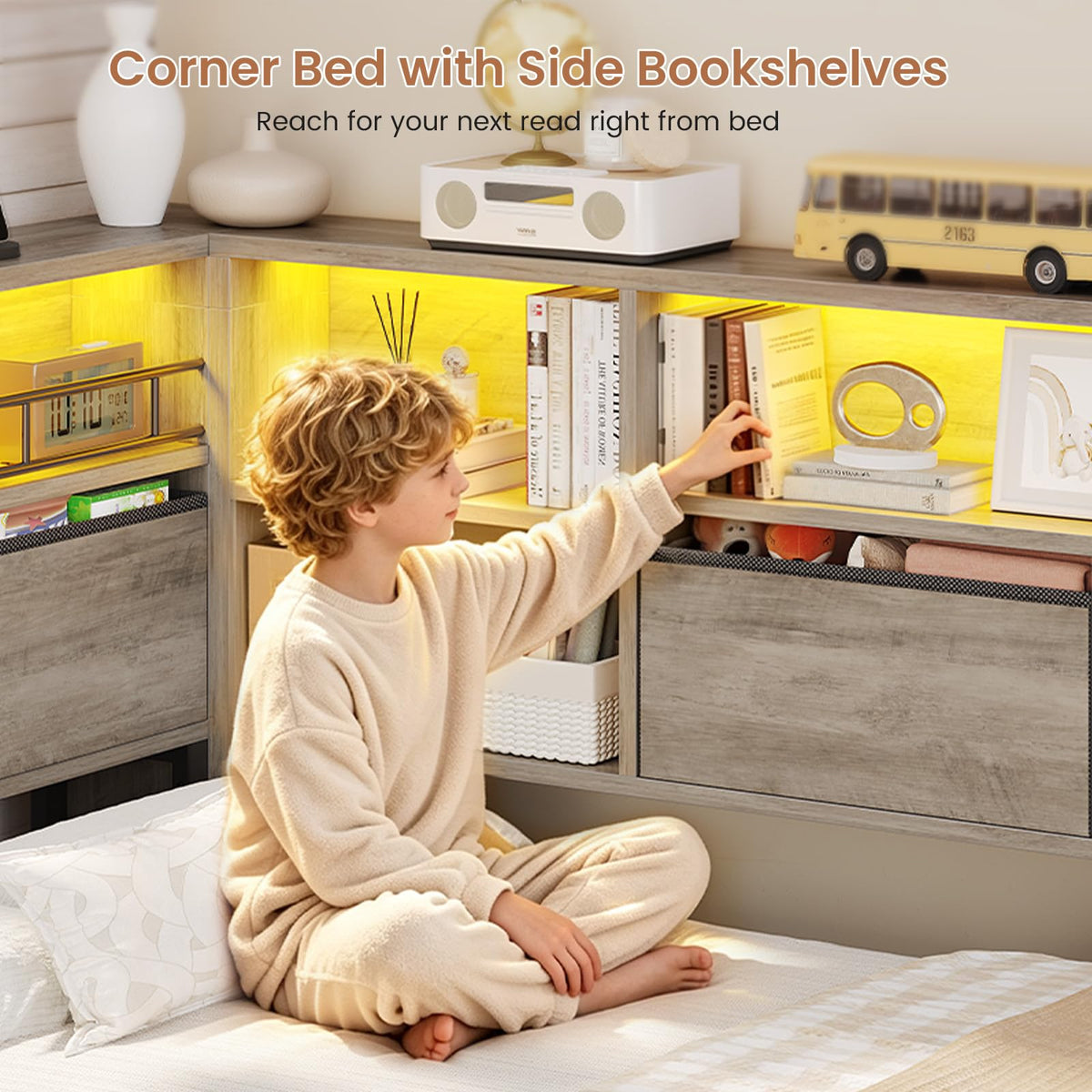 Twin Corner Bed Daybed with 6 Storage Drawers Grey H895