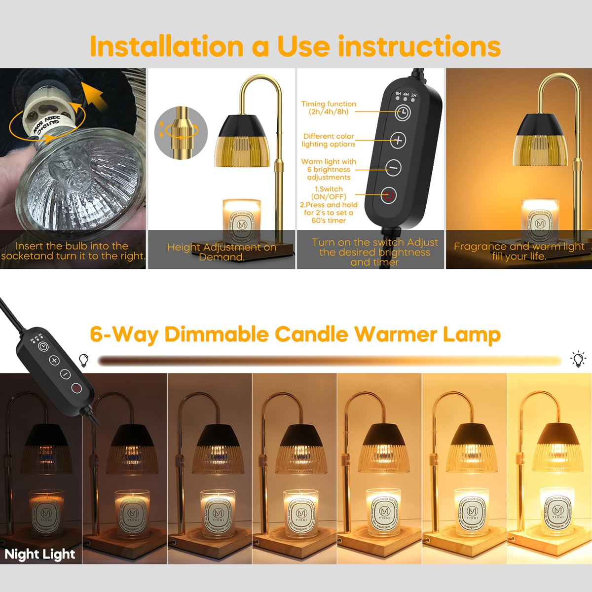 Candle Warmer Lamp with Timer Auto Off, Dimmable Height Adjustable Wax Melting Lamp F89329