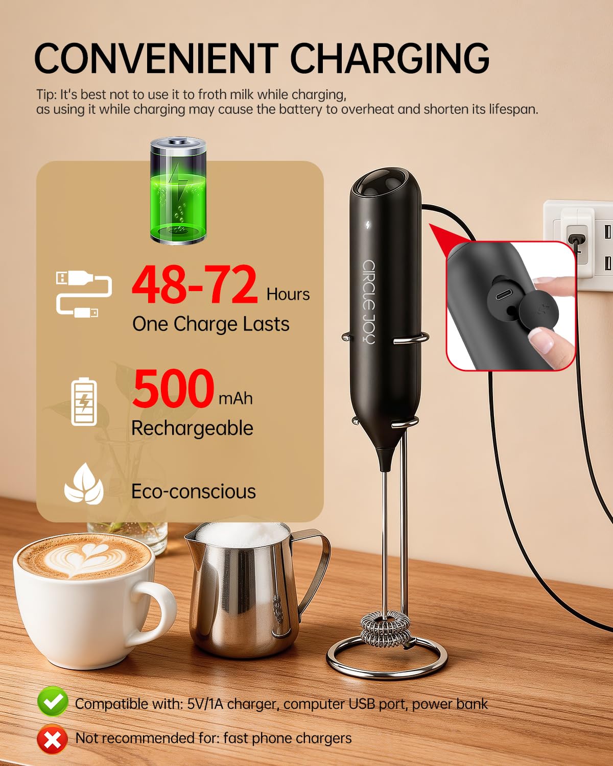 Rechargeable Handheld Milk Frother with Stand Y3786