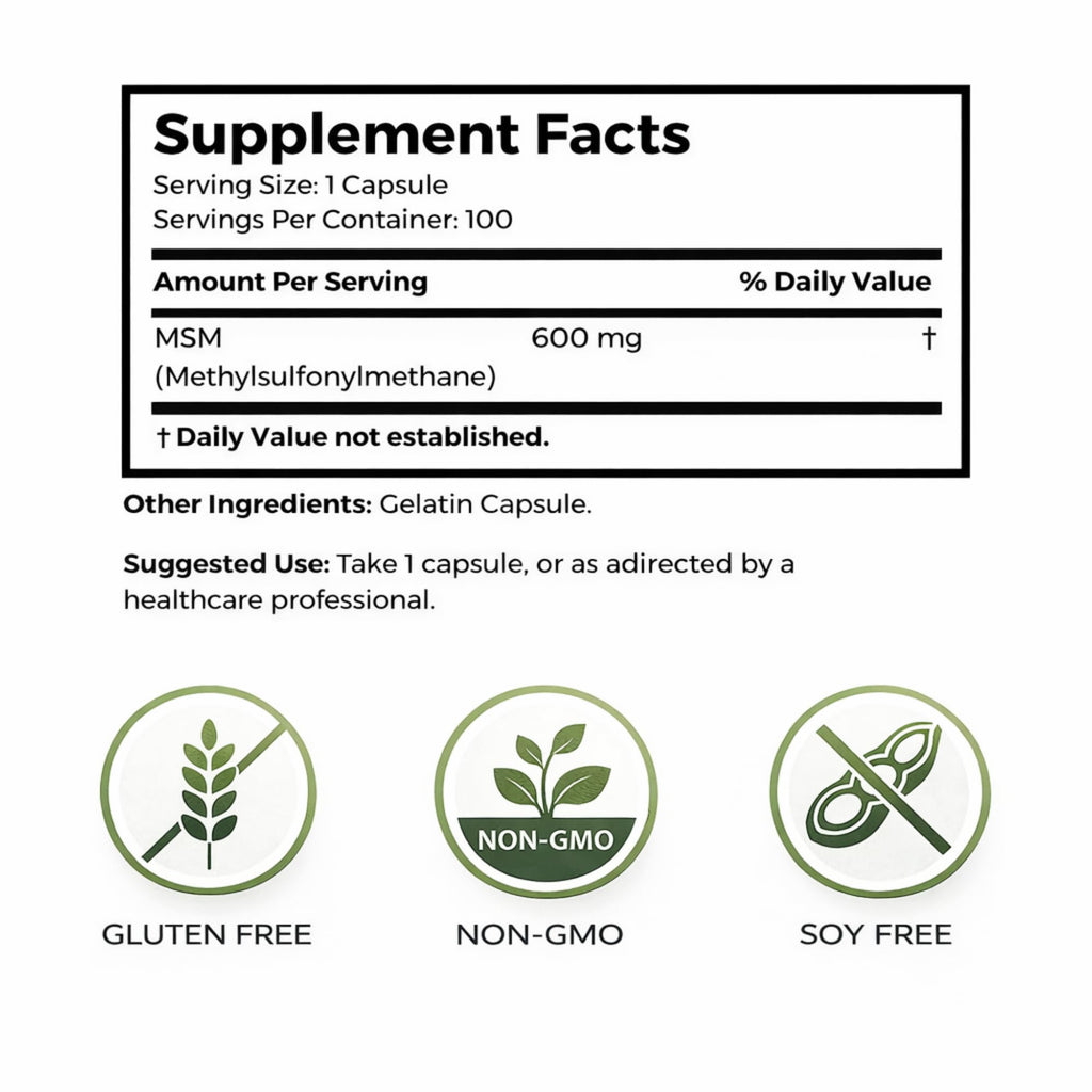 MSM Supplement 600mg 100 Gelatin Capsules F335