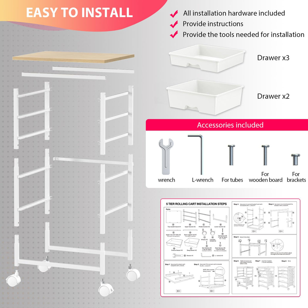 White Rolling Cart with 5 Drawers I166