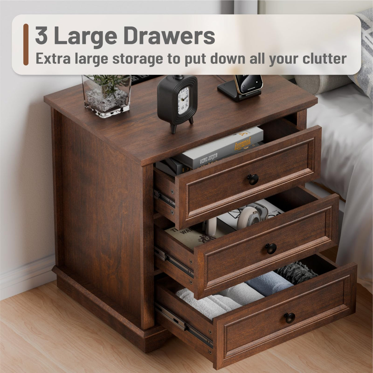 Cherry 3 Drawer Wood Nightstand with Charging Station R76120