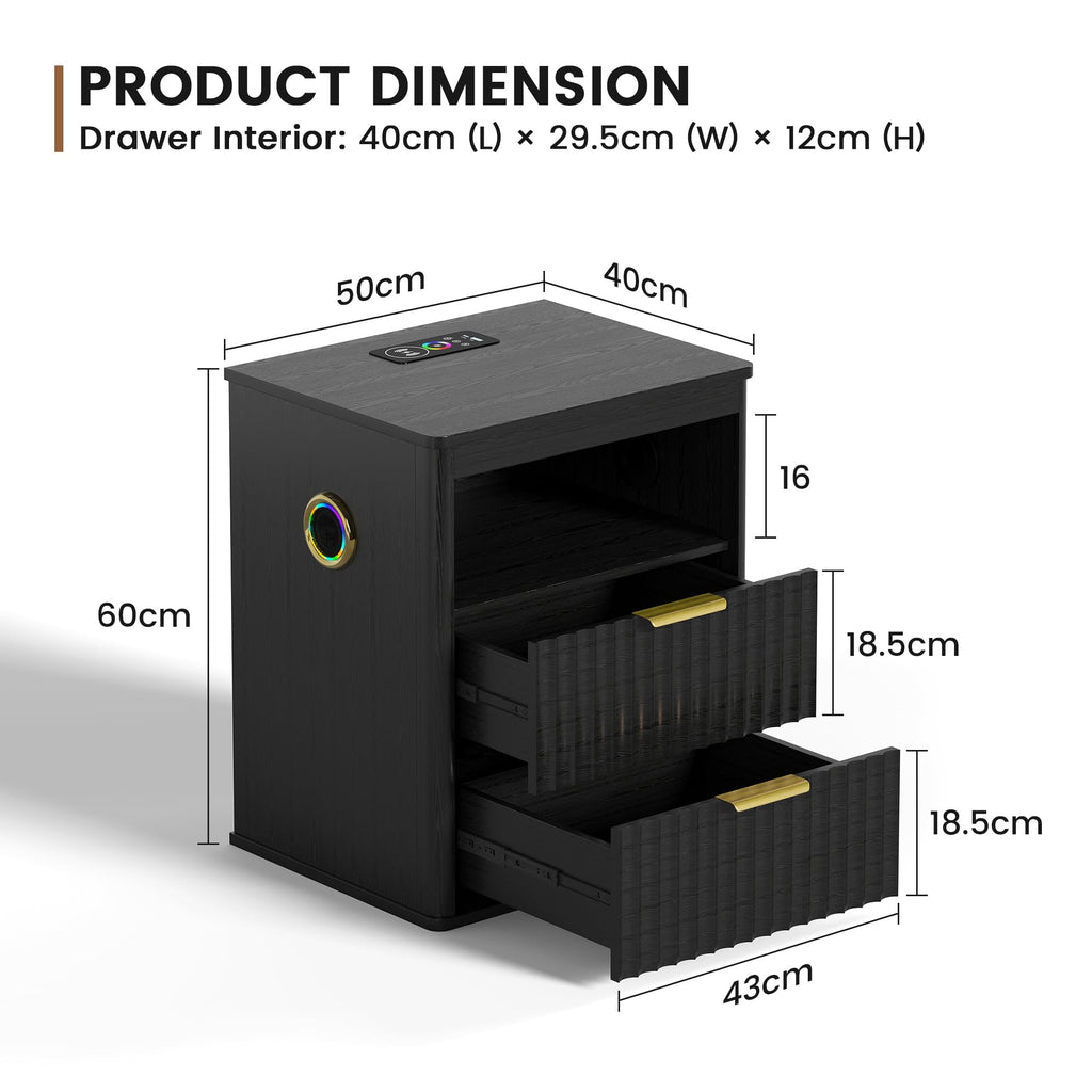 Black Smart Nightstand with Bluetooth Speaker, LED Lights, Wireless Charging, 2 Drawers & Open Shelf B366