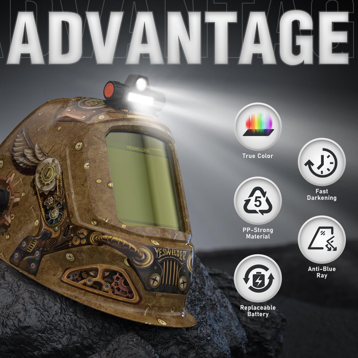 Auto-Darkening Welding Helmet with USB LED Work Light C59712