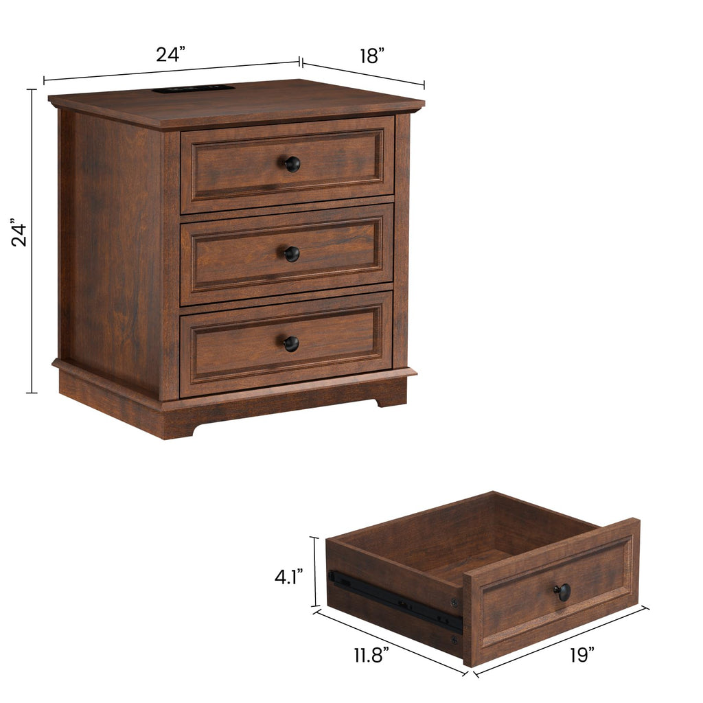 Cherry 3 Drawer Wood Nightstand with Charging Station R76120