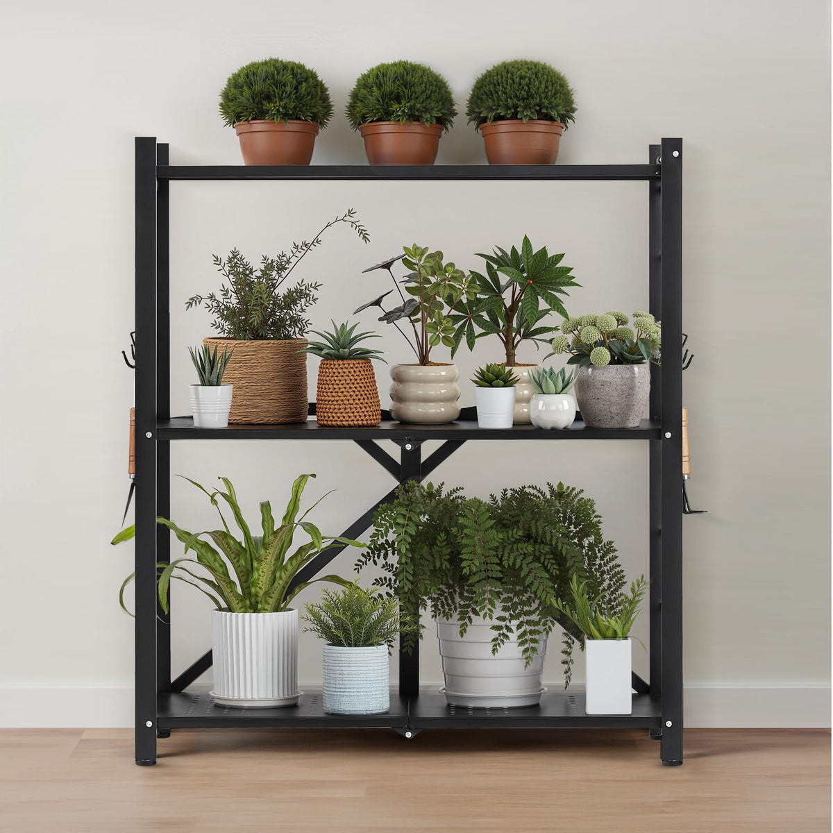 3-Tier Foldable Metal Storage Shelf with Wheels and Hooks, Black G580
