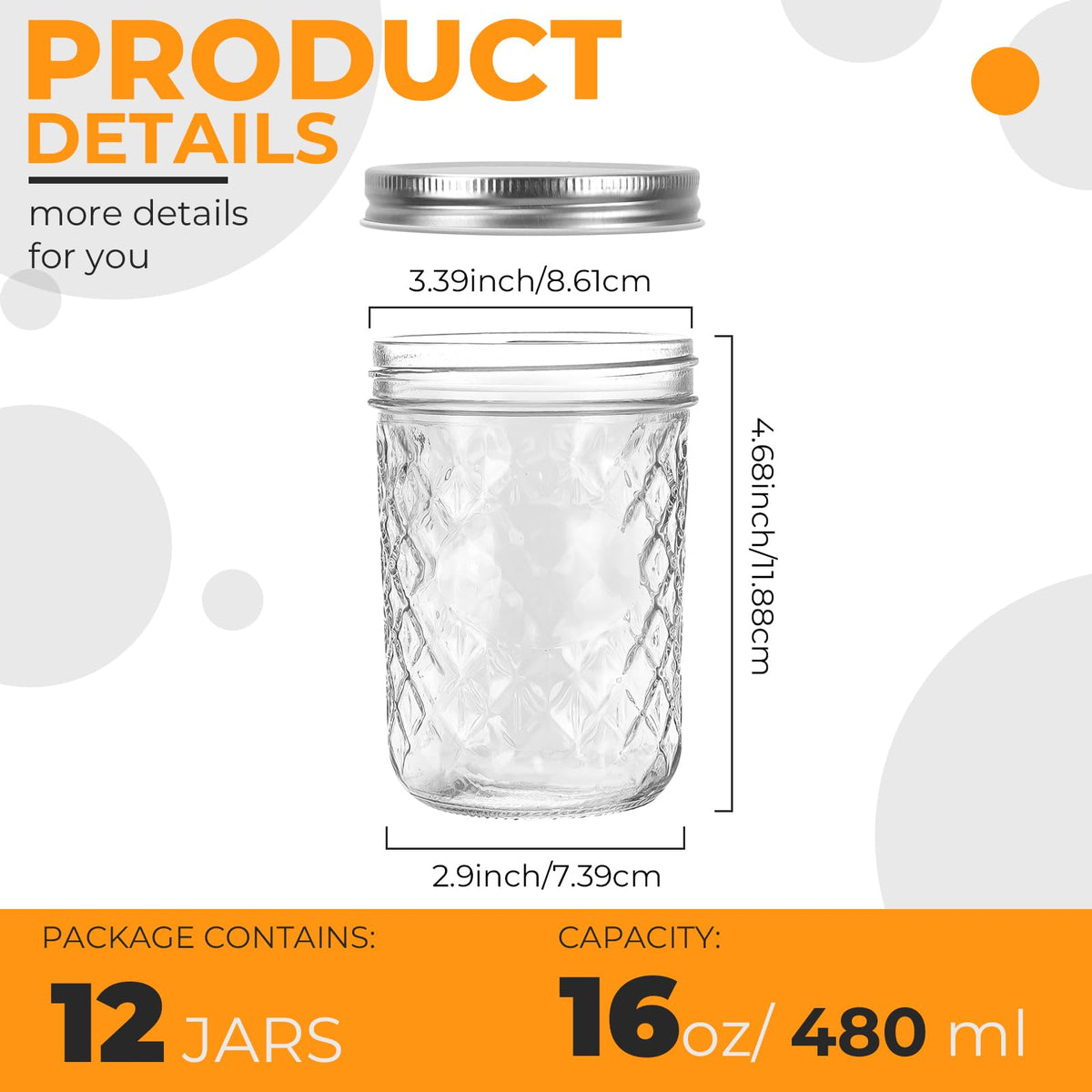 12 Pack 16oz Wide Mouth Glass Mason Jars A8343