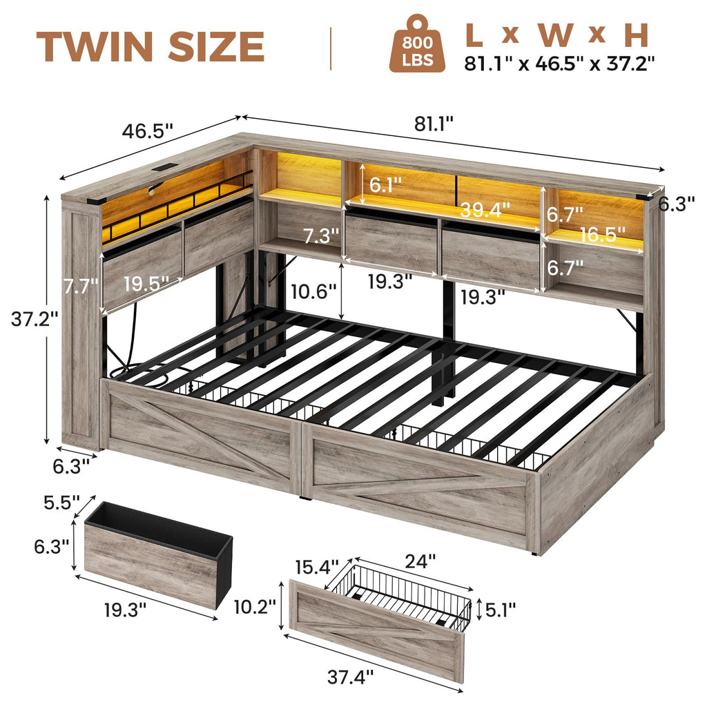 Twin Corner Bed Daybed with 6 Storage Drawers Grey H895