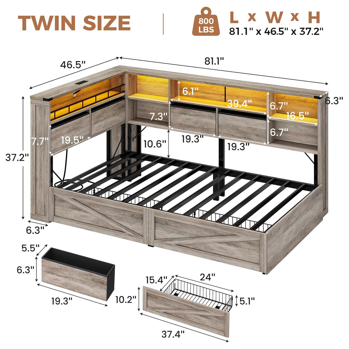 Twin Corner Bed Daybed with 6 Storage Drawers Grey H895